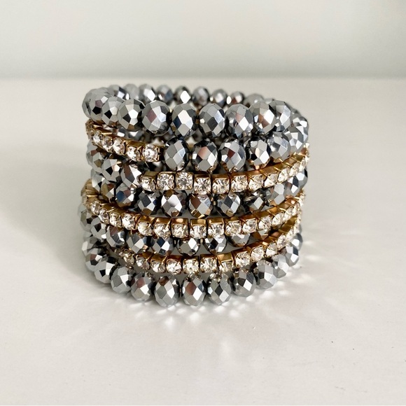 Elegant Silver and Gold Beaded & Rhinestone Wrap Bracelet - Picture 2 of 4